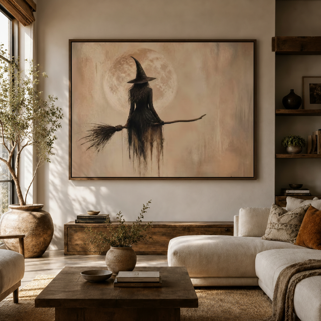 Dark witch broomstick canvas wall art displayed above sofa in modern neutral living room