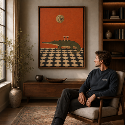 Crocodile canvas wall art displayed above a sideboard beside a seated man and tall living room window.