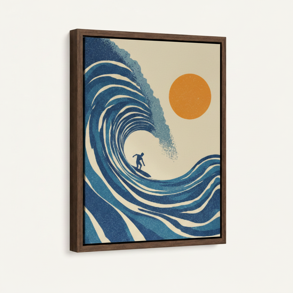 Graphic surfer ocean wave canvas in dark walnut float frame, 3/4 angle view on clean white background