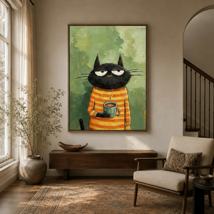 Framed grumpy black cat canvas print displayed above entryway console in a warm neutral hallway