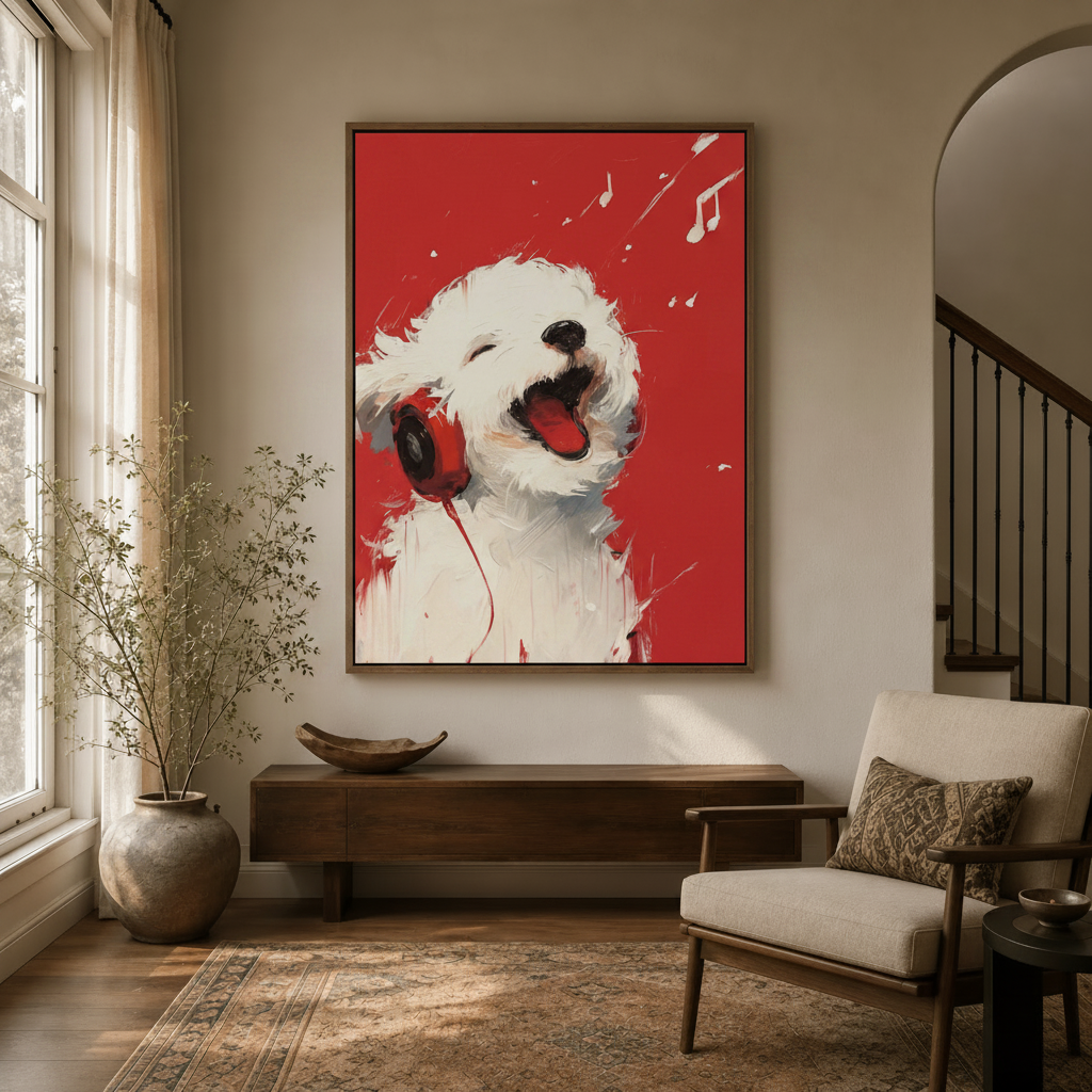 Expressive white dog painting in walnut float frame styled in a warm neutral entryway with arched doorway