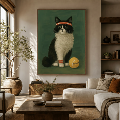 Tuxedo cat vintage illustration canvas wall art hanging in a boho living room with olive tree and white sofa
