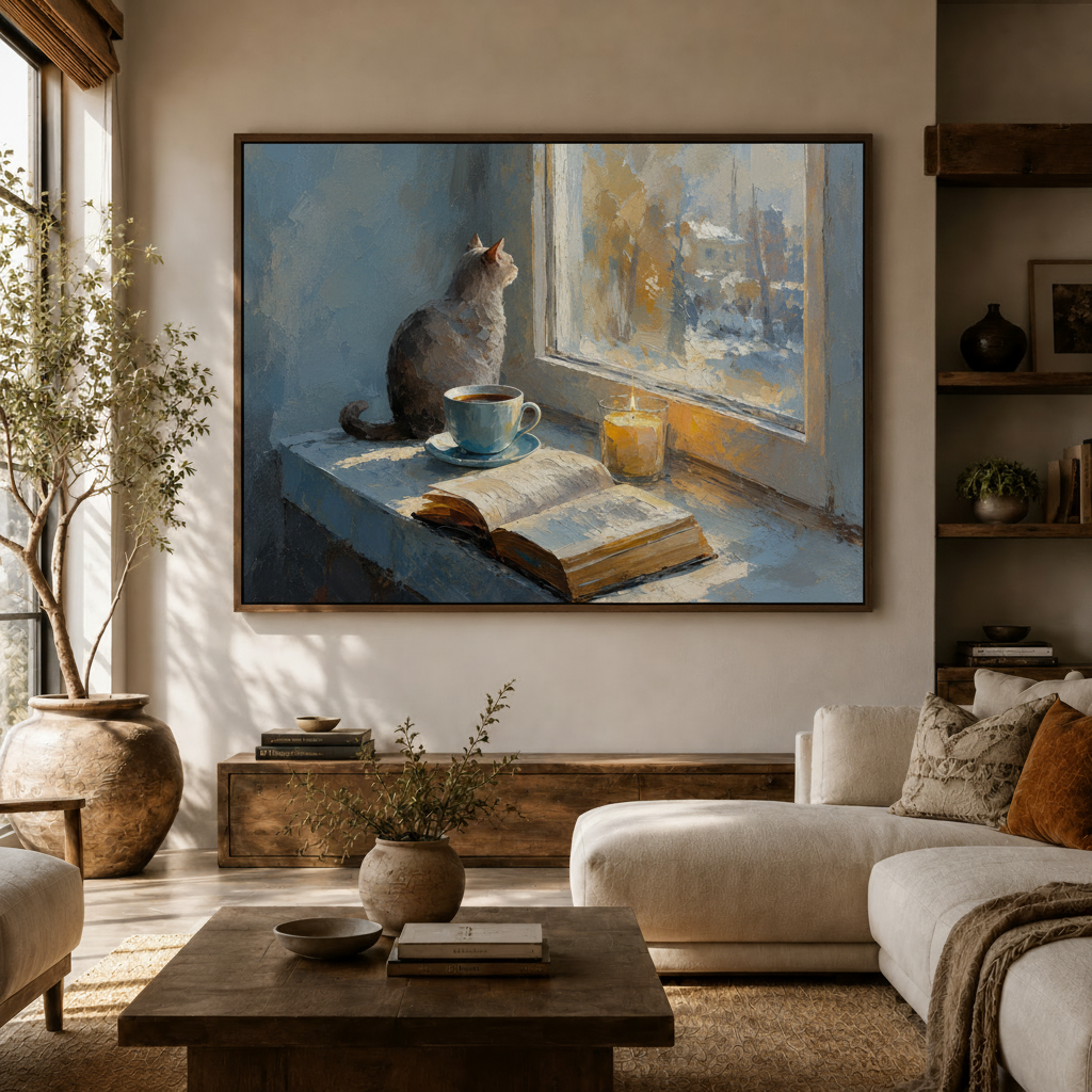 	Impasto oil painting of cat by snowy window displayed in modern living room