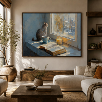 	Impasto oil painting of cat by snowy window displayed in modern living room