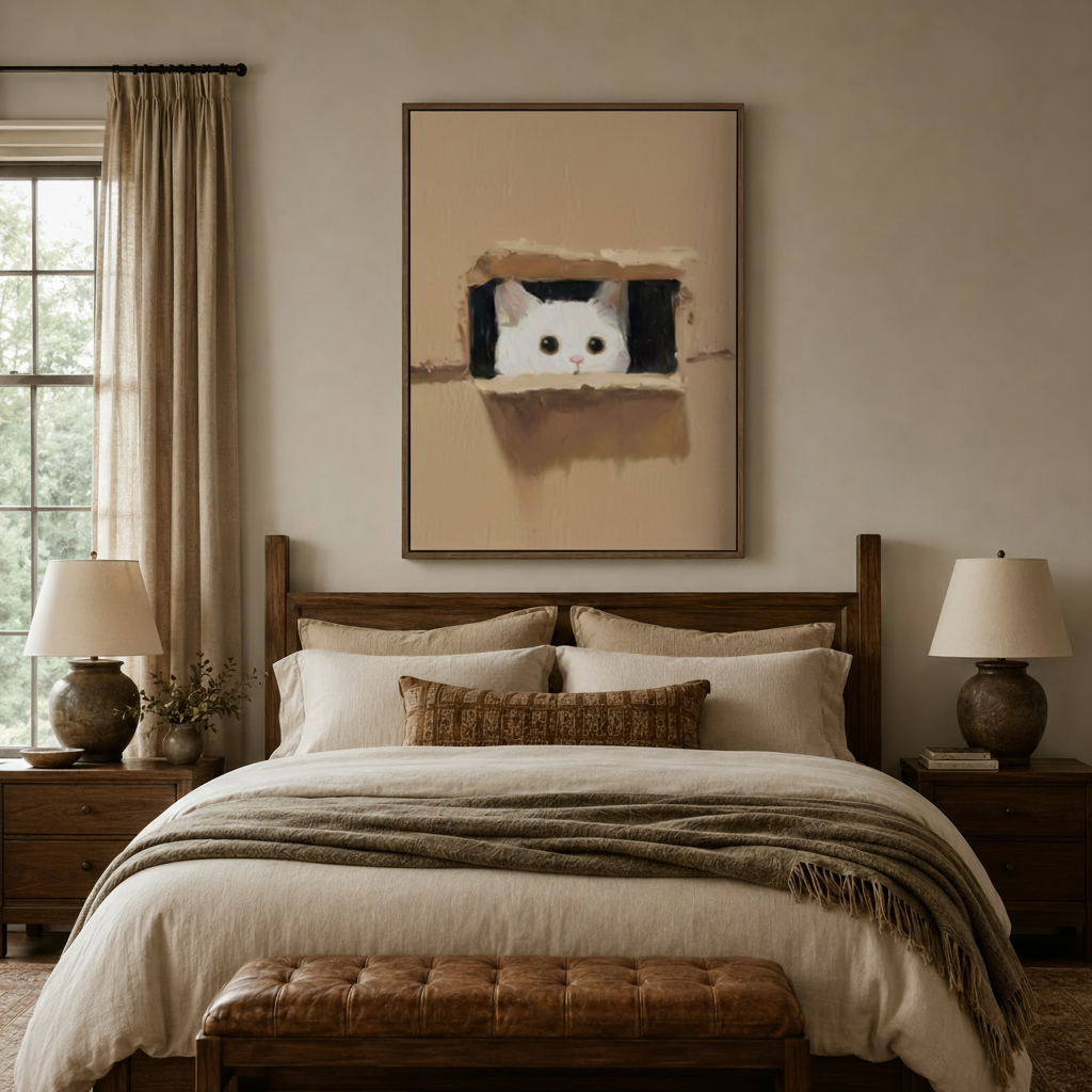Whimsical cat canvas wall art framed above bed, warm bedroom gallery wall display