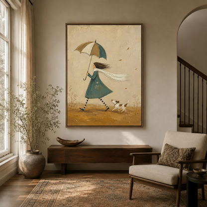 Storybook style girl with umbrella and dog painting hung in entryway with arched doorway