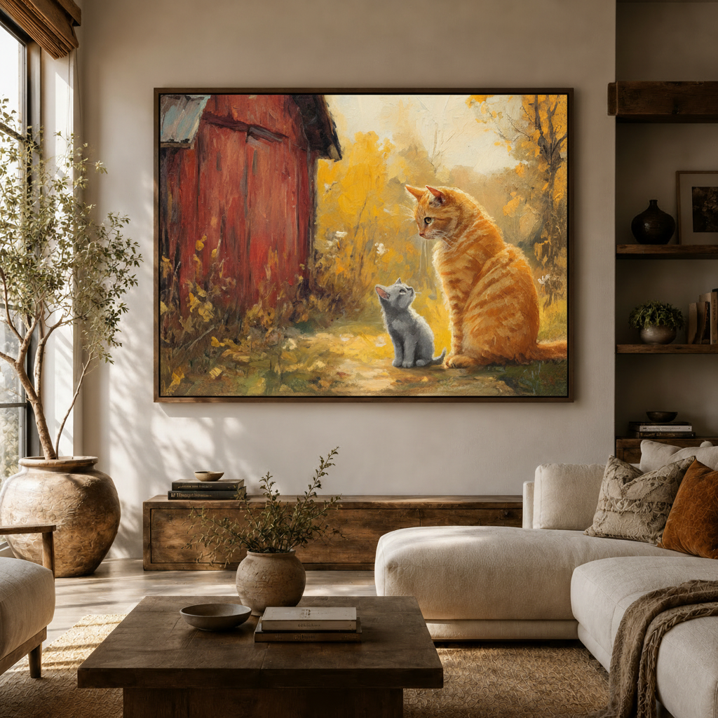Framed orange cat kitten autumn barn impressionist canvas displayed above sideboard in warm modern living room