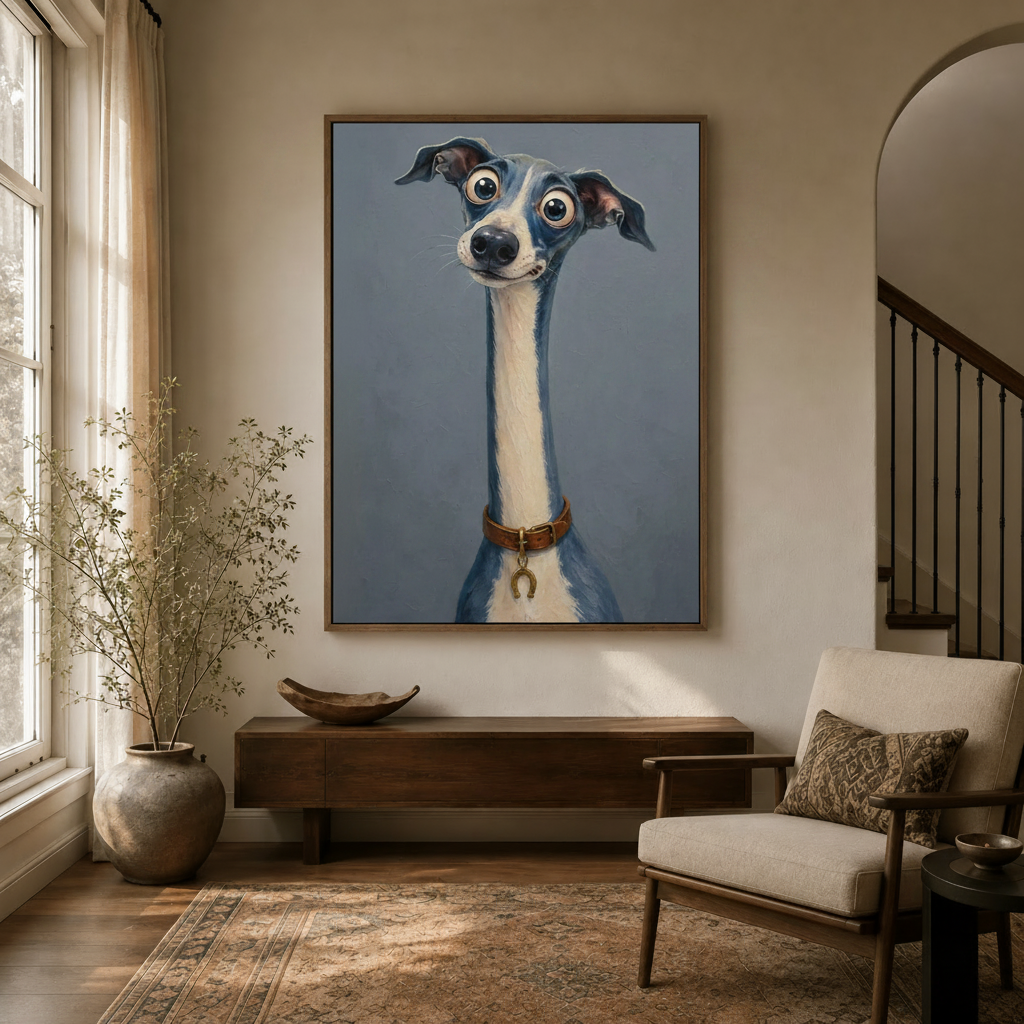 Bold dog portrait oil painting displayed in neutral entryway with arched doorway and staircase