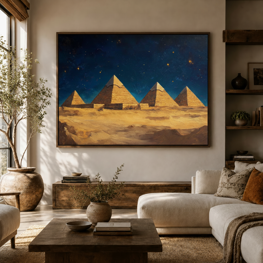 Ancient pyramids framed canvas above white curved sofa in cozy living room with olive tree