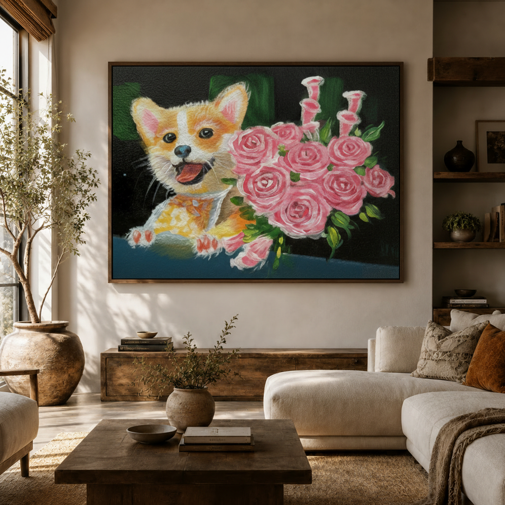 Whimsical Corgi canvas wall art above sofa in bright modern living room with natural light