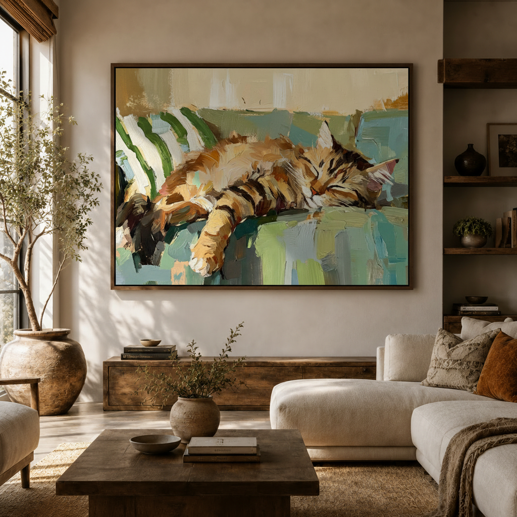 Framed sleeping cat canvas wall art hanging above console in bright neutral living room