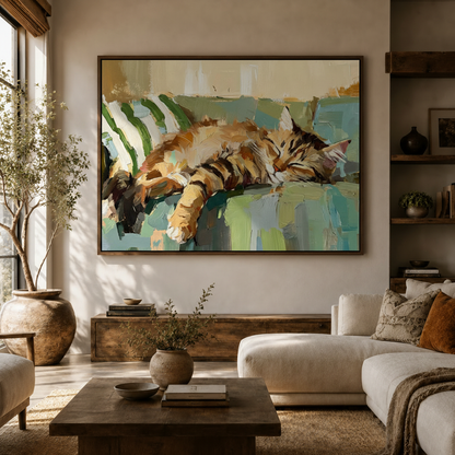 Framed sleeping cat canvas wall art hanging above console in bright neutral living room