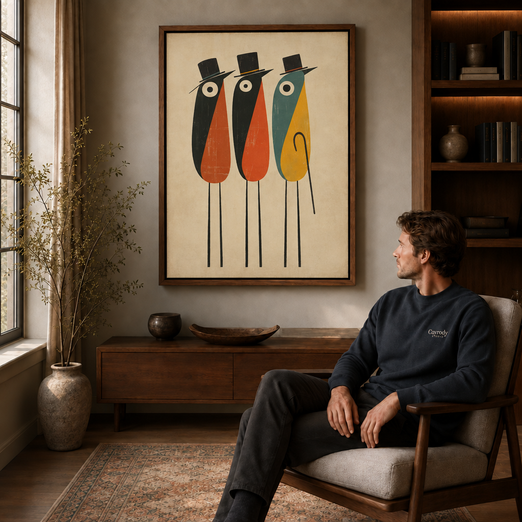 Walnut framed abstract figure wall art displayed above a wooden console in a refined interio
