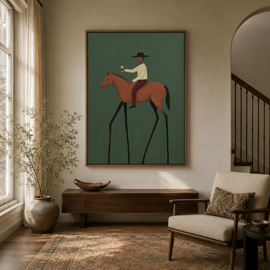 Equestrian folk art wall print in natural wood frame hung in a neutral entryway with console table