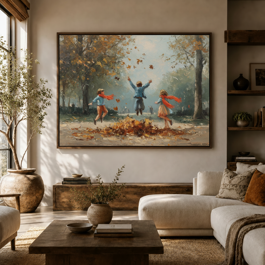 Framed kids tossing fall leaves in misty park impressionist canvas displayed large in warm modern living room