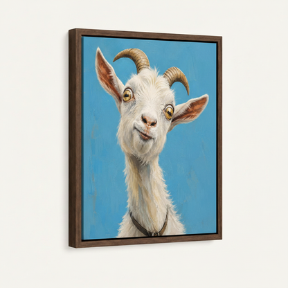 Charming goat golden horns tilted head realistic canvas in wide dark walnut float frame, 3/4 portrait angle
