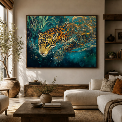 Teal and gold jaguar framed canvas art above console in modern boho living room with white sofa
