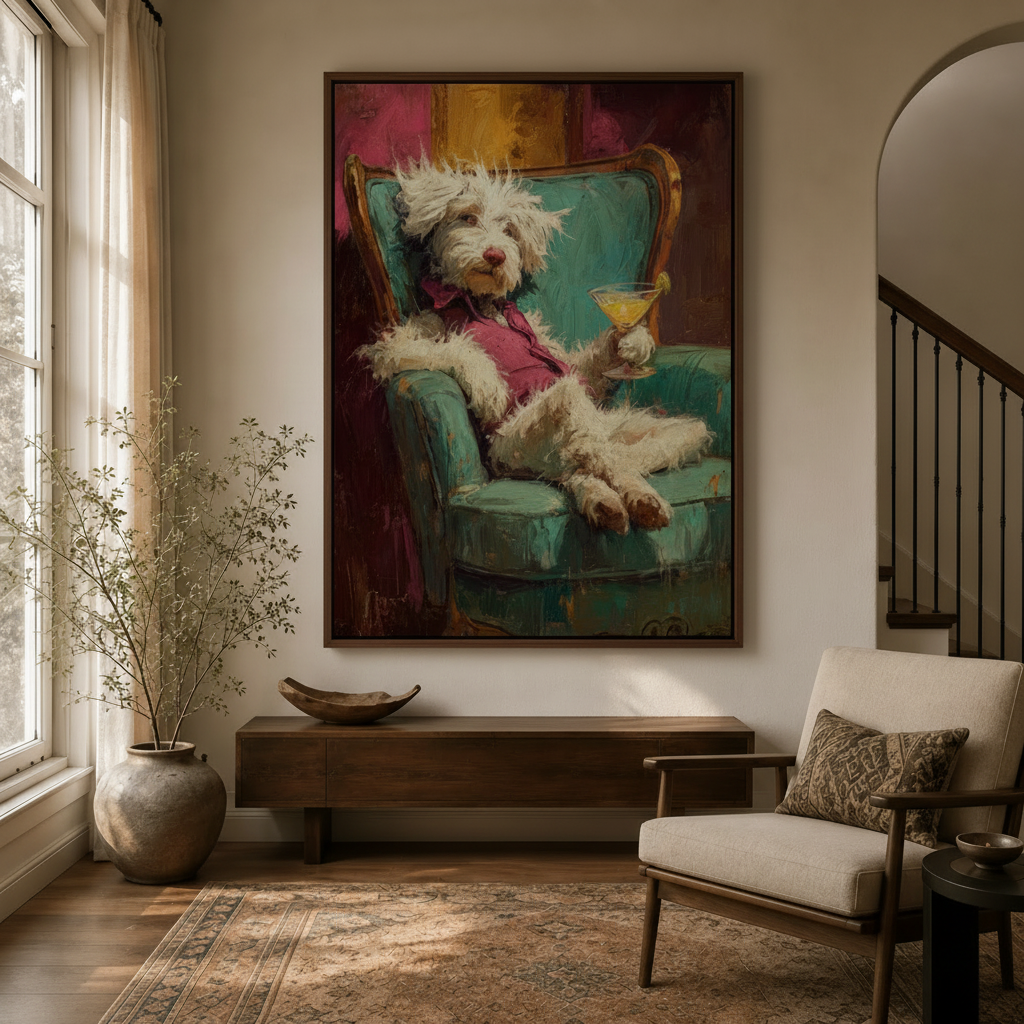 Whimsical white dog canvas wall art in entryway with arched doorway and warm neutral decor