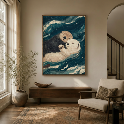 Japanese art print of two otters floating on teal water in float frame hanging in modern entryway beside dried branches