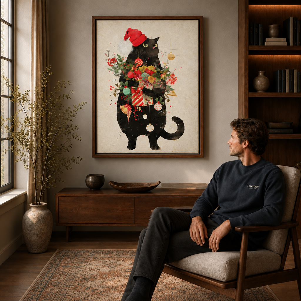 Christmas cat wall art in a walnut frame hangs near a seated man, sunlit window, and wood console.