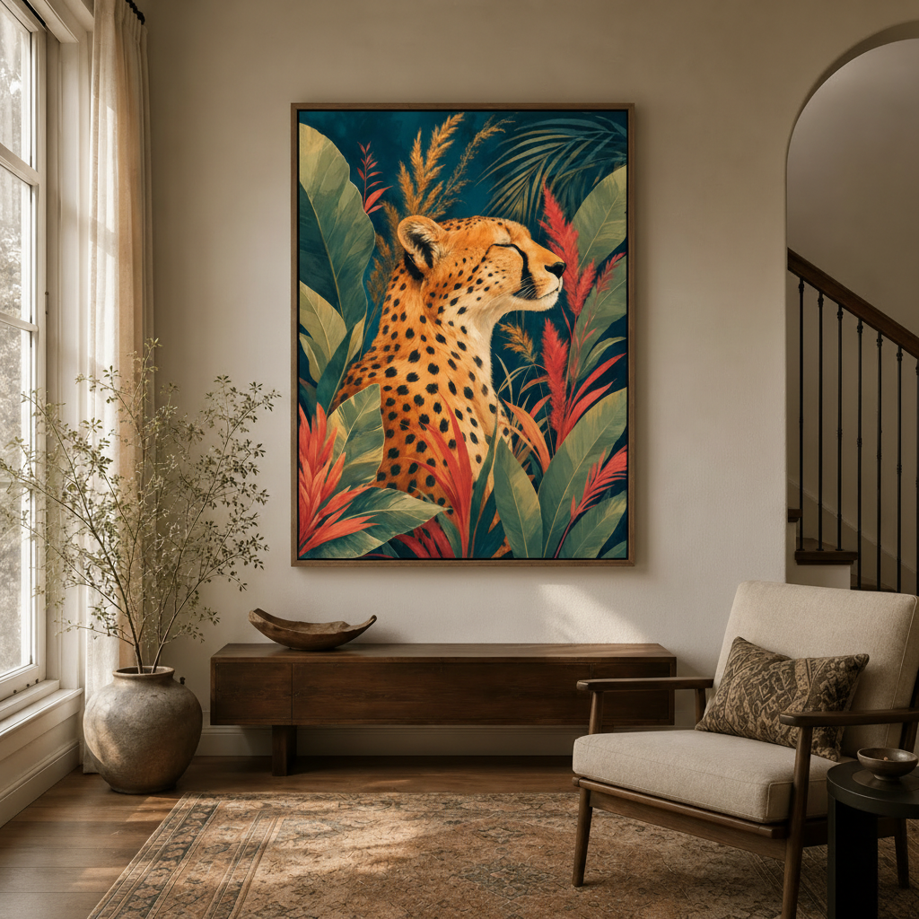 Bold wildlife wall art featuring cheetah and crimson bromeliads displayed in transitional entryway with arched doorway
