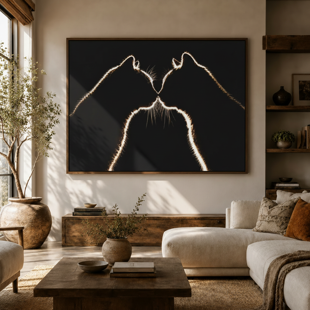 Framed black and gold cat painting on off-white wall above white sofa in modern living room