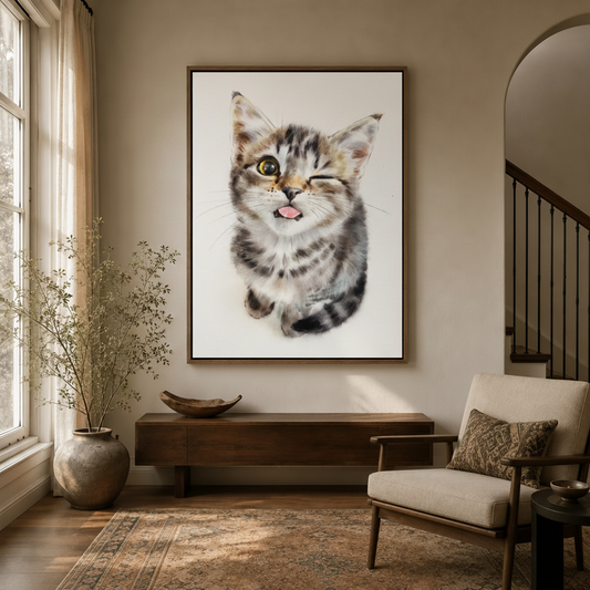 Cute tabby kitten art print with thin black gap frame hanging in a modern entryway
