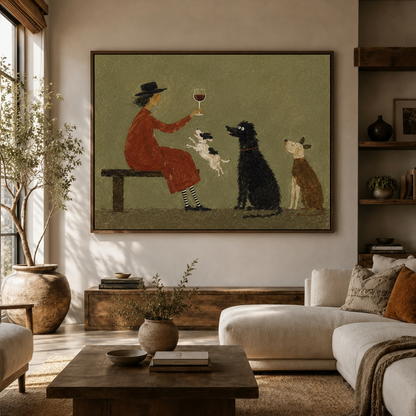 Folk art dog lover canvas print displayed above low console in warm Scandinavian living room