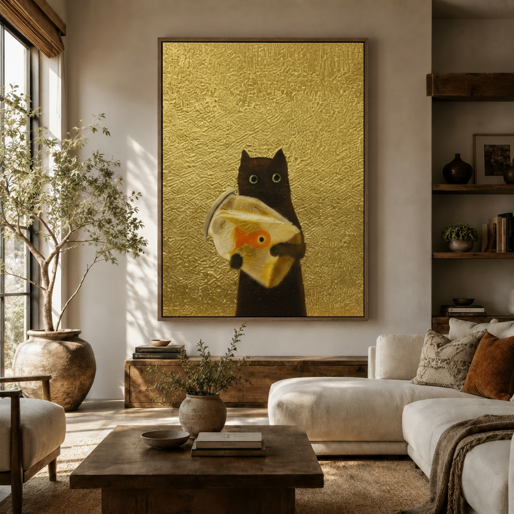 Large black cat holding goldfish bag canvas art in walnut float frame in bright boho living room with olive tree