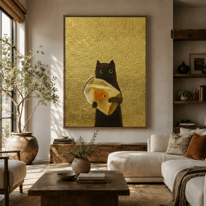 Large black cat holding goldfish bag canvas art in walnut float frame in bright boho living room with olive tree