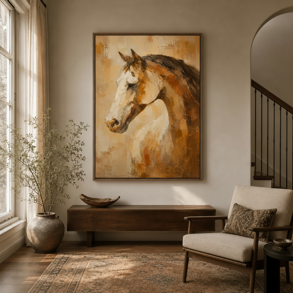 Chestnut horse impasto painting in walnut float frame hanging in warm neutral entryway with arched doorway