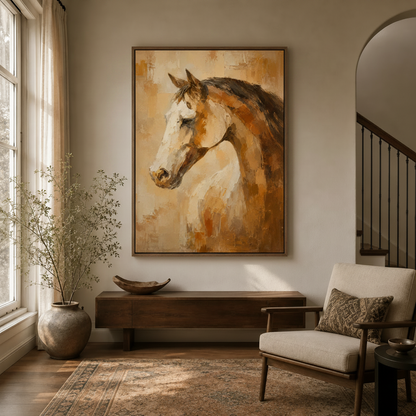 Chestnut horse impasto painting in walnut float frame hanging in warm neutral entryway with arched doorway