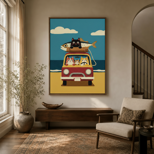 Funny cat beach van canvas displayed in warm neutral entryway beside staircase and armchair