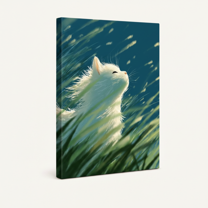  Gallery-wrapped canvas of fluffy white cat enjoying wind in swaying green grass shown at angle on white background