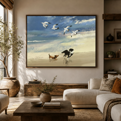 Beach dog wall art above walnut console in rustic modern living room with white bouclé sofa