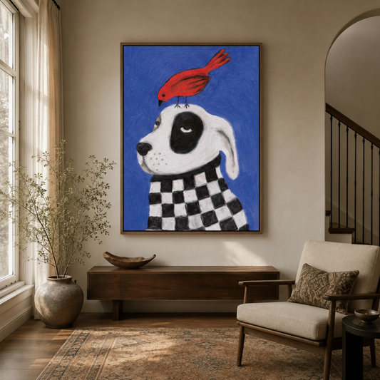 Whimsical dalmatian and red bird folk art canvas print in modern entryway hallway with arched doorway