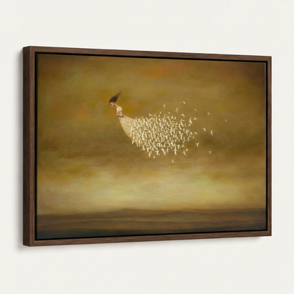 Dark walnut framed surrealist bird flight canvas art angled product view