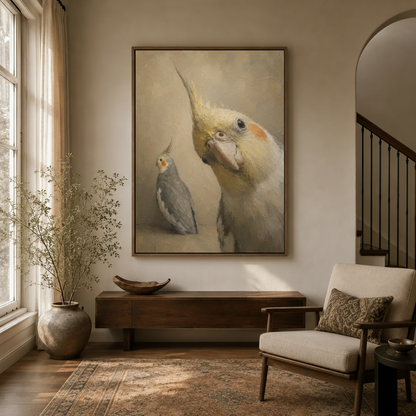 Framed cockatiel duo canvas art in bright entryway, classical oil painting bird portrait wall art