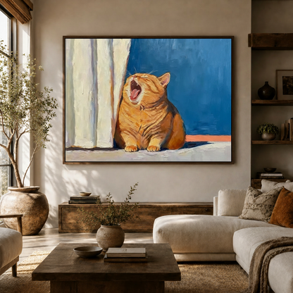 Expressive orange tabby cat yawning canvas wall art in walnut float frame in modern living room