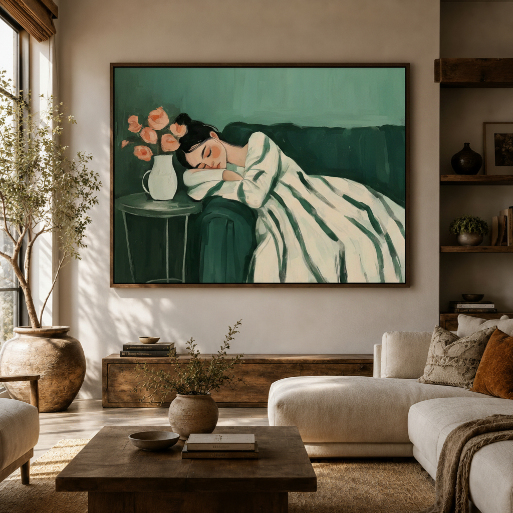Serene figurative painting of woman resting on teal sofa hung above sideboard in modern living room