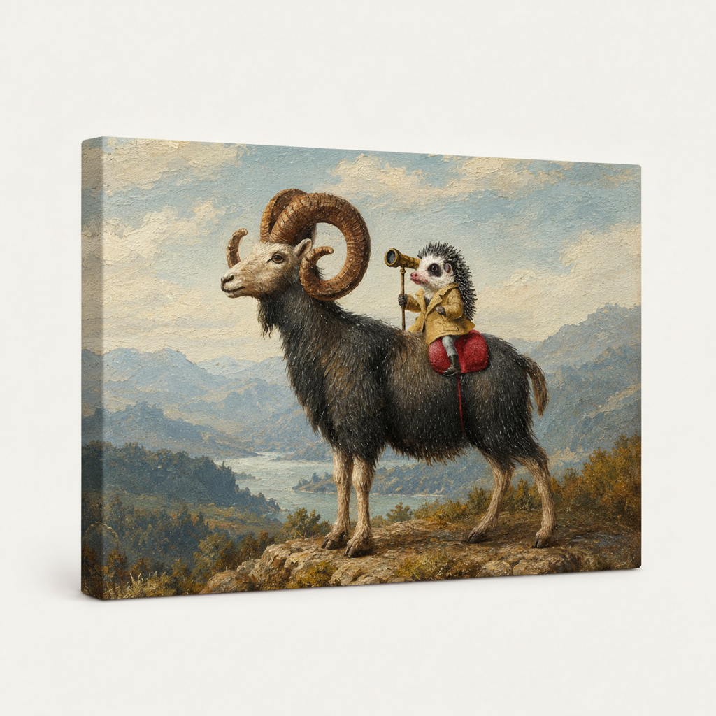 Whimsical hedgehog riding a ram with a telescope on a textured canvas wall art print