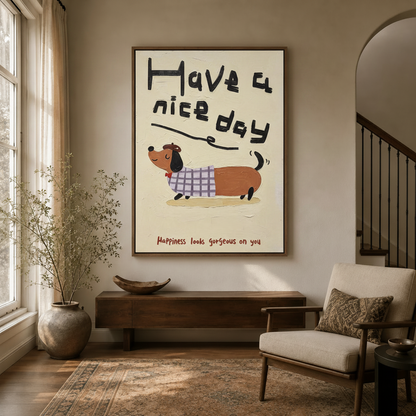 Funny dachshund wall art in walnut float frame hanging in a cozy entryway with arched doorway