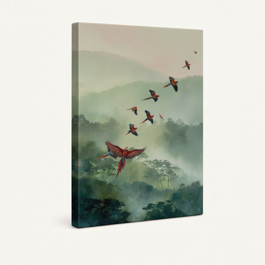Gallery-wrapped scarlet macaw tropical canvas showing misty rainforest and crimson birds, 3/4 left-tilt angle