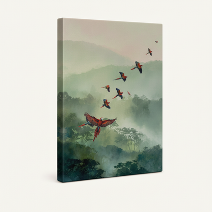Gallery-wrapped scarlet macaw tropical canvas showing misty rainforest and crimson birds, 3/4 left-tilt angle