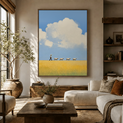 Large minimalist shepherd and sheep wall art hanging in a Scandinavian-style living room