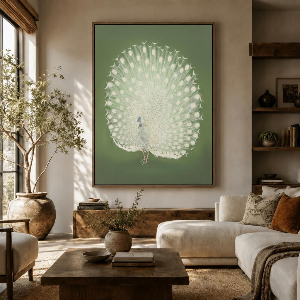 Large white peacock Japanese art canvas hung above a sideboard in a bright modern living room with white sofa
