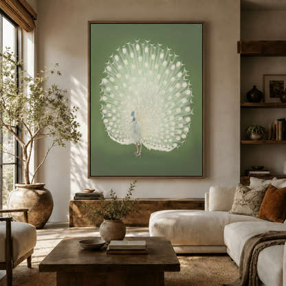 Large white peacock Japanese art canvas hung above a sideboard in a bright modern living room with white sofa