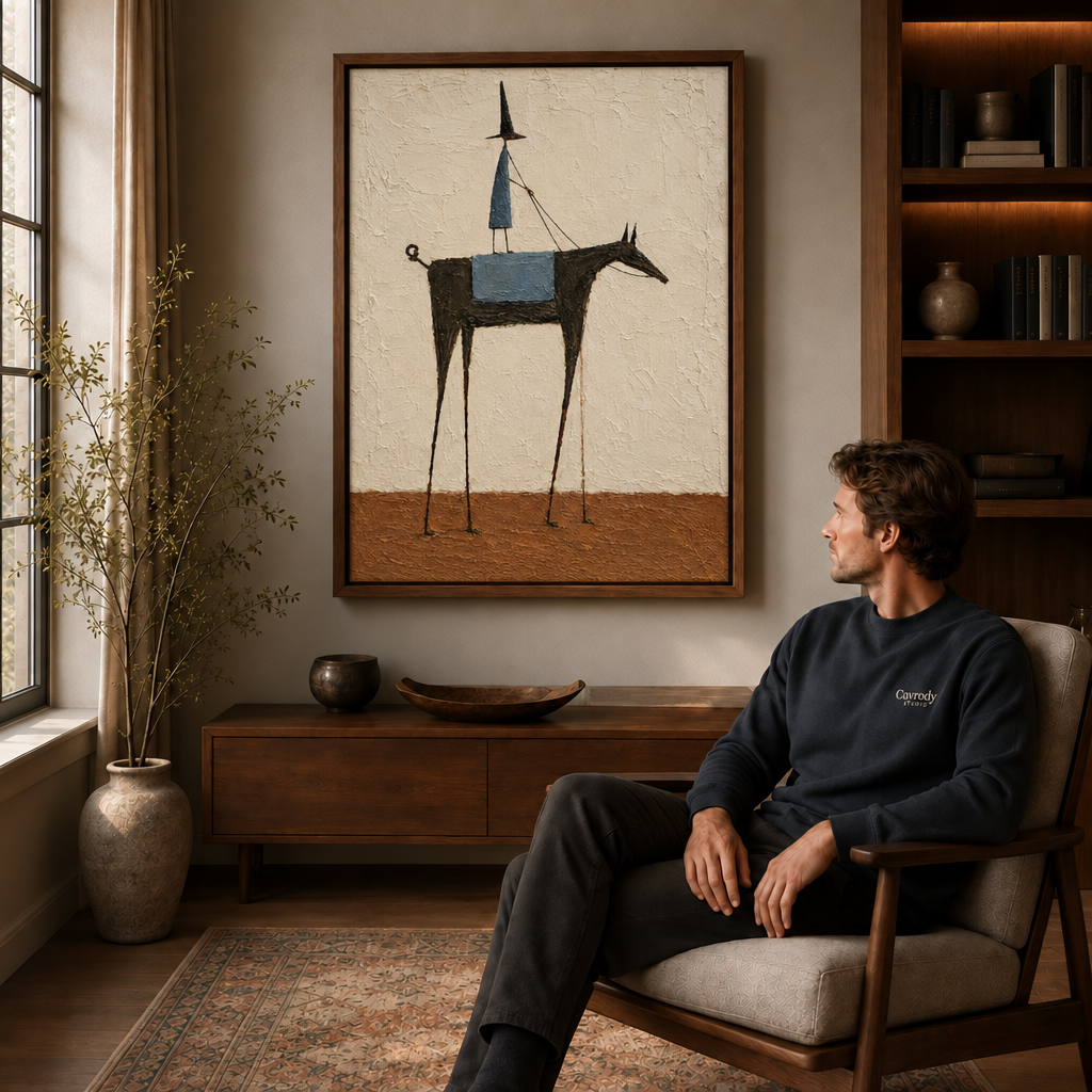 Earthy horse canvas wall art above a wooden sideboard with a seated man in a cozy living room.