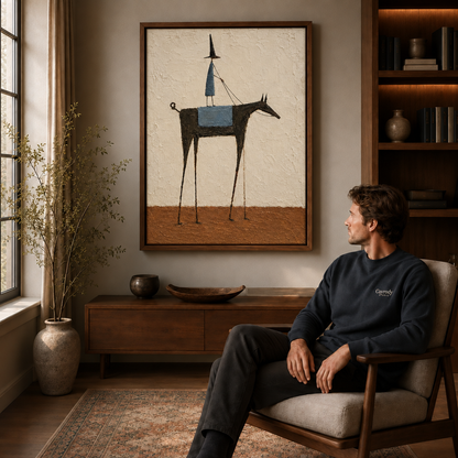 Earthy horse canvas wall art above a wooden sideboard with a seated man in a cozy living room.