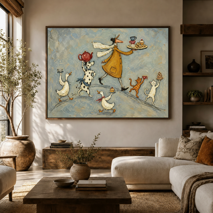 Funny animal tea parade canvas wall art displayed in bright modern living room with white sofa
